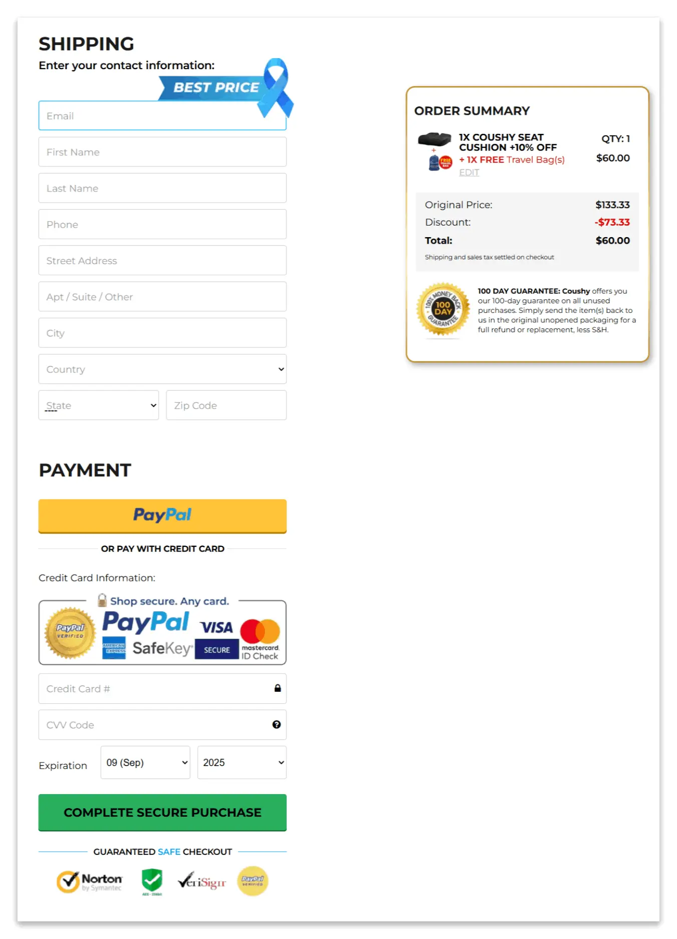 Coushy Seat Cushion secure checkout page